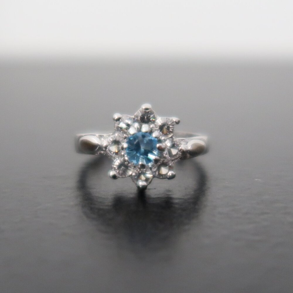 Silver Tone Halo Ring Light Blue Center White Stones Sz 5.75